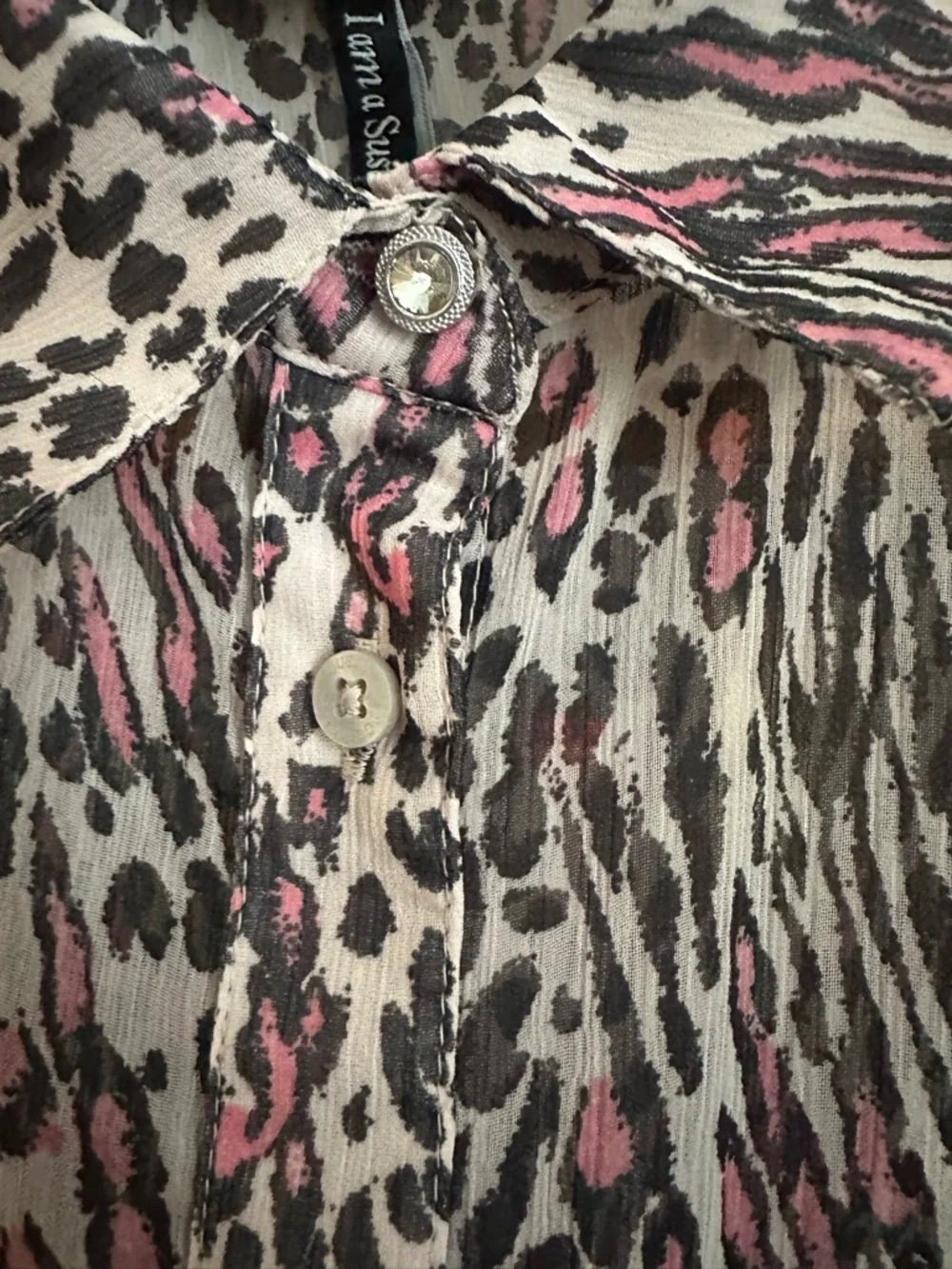 Guess Leopard Print Button-Up Blouse in Ivory, Black & Pink - Picture 5 of 6